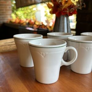 Vintage Syracuse China white coffee cup w/embossed design/green pinstripe/set 6